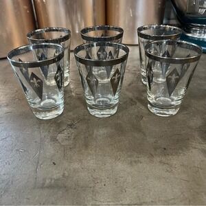 Dorothy Thorpe Silver Harlequin Diamond Fleur De Lis Glasses Set 6 Vintage MCM